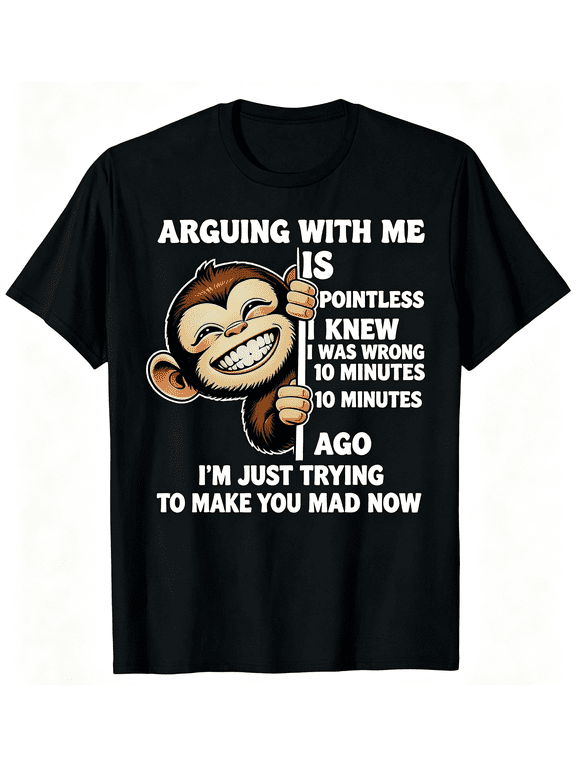 Funny Sarcastic Monkey Graphic Crew Neck T‑Shirt, Arguing With Me Is Pointless Humorous Quote Print Short Sleeve Casual Novelty Tee for Men