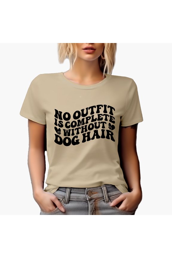 Funny & Sarcastic No Outfit Is Complete Without Dog Hair Quote, Groovy Retro Wavy Text Merch Gift, Tan T-Shirt, Small