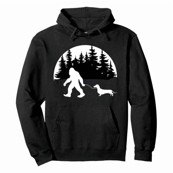 Funny Sasquatch Costume Wiener Dog Bigfoot Walking Dachshund Pullover HoodieMen's Halloween Thanksgiving Print Hooded Sweatshirt, Thick Cotton Blend, Cool Weather Casual Wear
