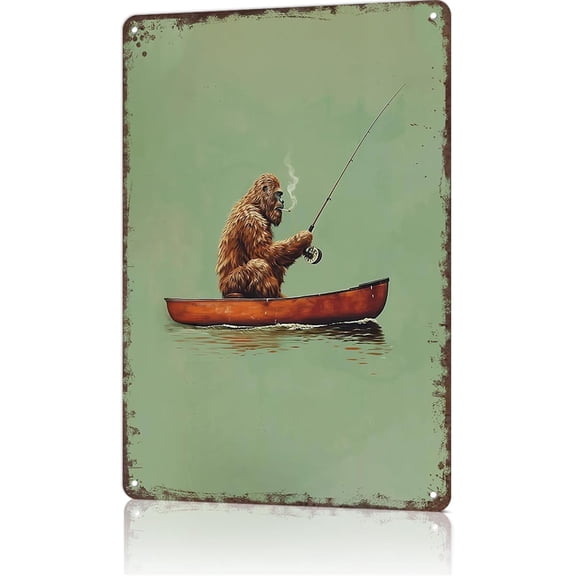 Funny Sasquatch Fishing Metal Sign Vintage Canoe Poster Rustic Cabin Outdoor Wall Decor 8x12 Inch