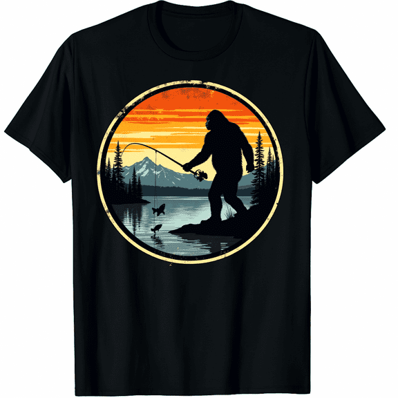Funny Sasquatch Fishing Shirts Men Loves Bigfoot Fishing Graphic Black T-Shirt for Men and Women