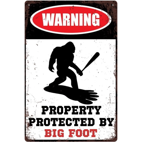 Funny Sasquatch Gift Metal Sign Warning Property Protected By Bigfoot Gifts Tin Signs Vintage Garage Garden Forest Back Yard Decor For Wall/Porch 12 X 8 Inches Outdoor & Indoor