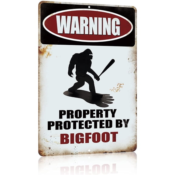 Funny Sasquatch Gift Metal Sign Warning Property Protected by Bigfoot Gifts Tin Signs Vintage Garage Garden Forest Back Yard Decor for Wall/Porch 12 x 8 Inches