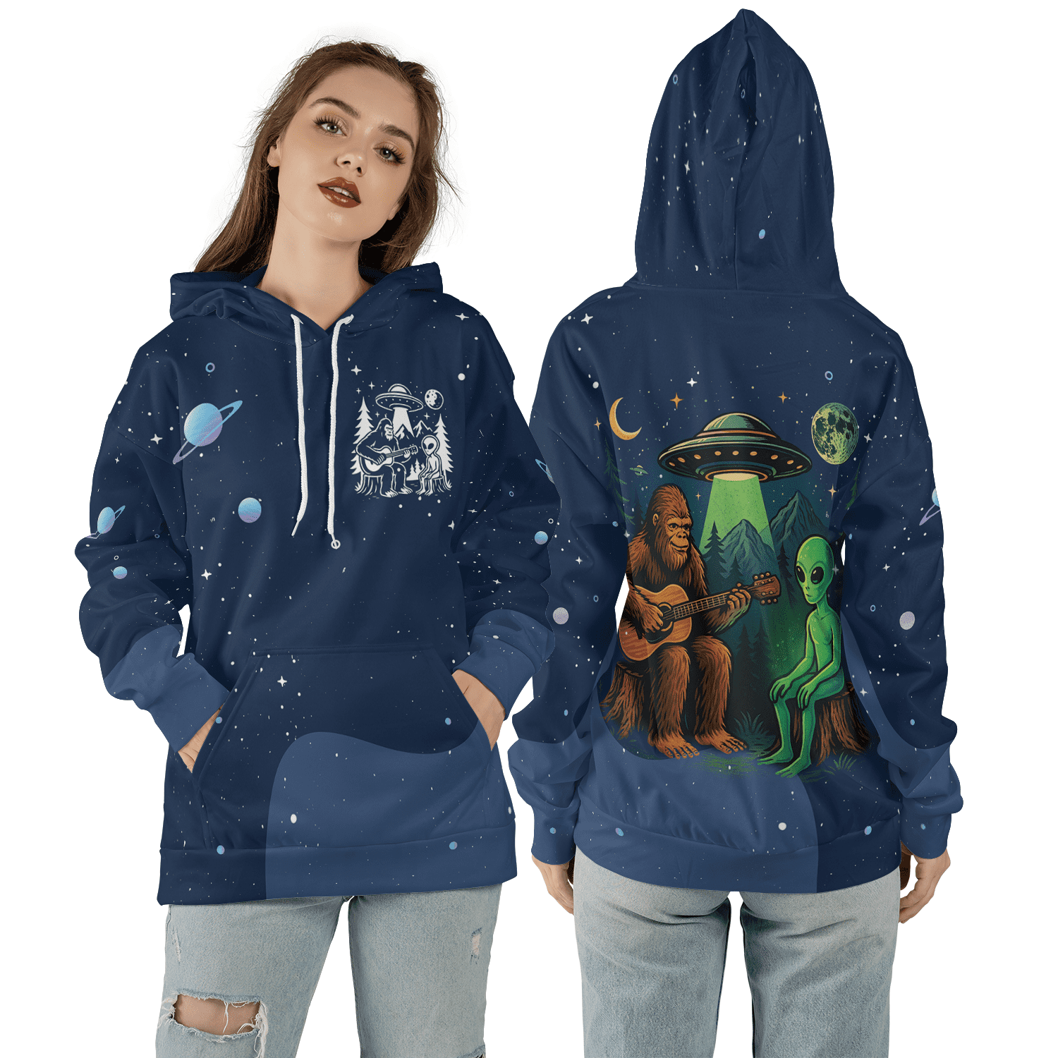 Funny Sasquatch Guitar 3D Hoodie, Alien Bigfoot Friendship Hoodie, UFO ...