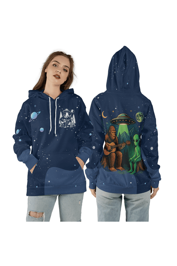 Funny Sasquatch Guitar 3D Hoodie, Alien Bigfoot Friendship Hoodie, UFO Campfire Cosmic All Over Print Hoodie