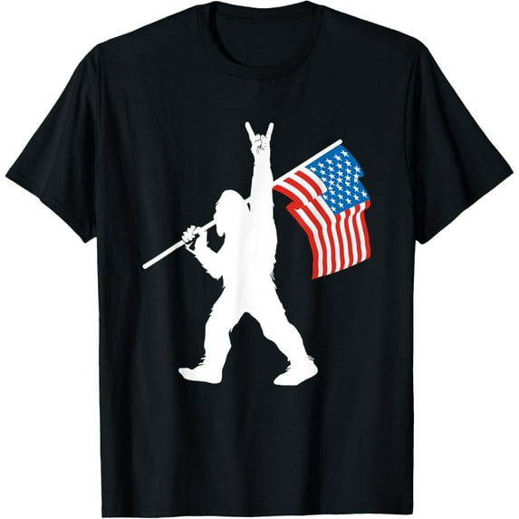 Funny Sasquatch Rock and Roll USA Flag for Bigfoot Believers T-Shirt