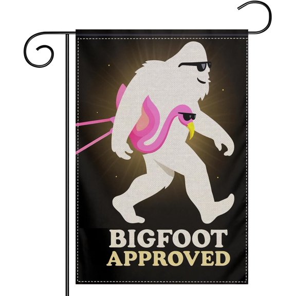 Funny Sasquatch and Flamingo Garden Flag, Double Sided Yard Decoration, Premium Polyester, 12 x 18 Inch, Weather Resistant Summer Outdoor Lawn Flag