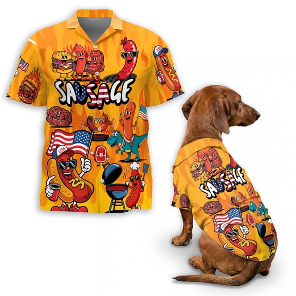 Funny Sausage BBQ Matching Hawaiian Shirt for Owner and Dog, Cartoon Grill Aloha Summer Beach Vacation Outfit
