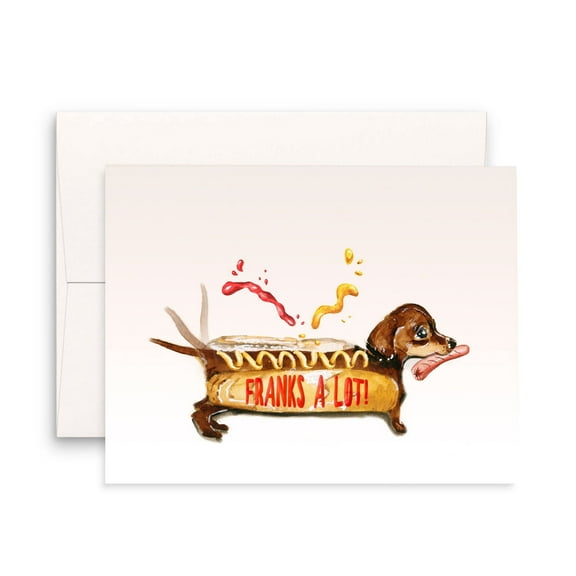 Funny Sausage Dog Card  Franks A Lot!  Unique Greeting Card with Cute Hot Dog Design  Blank Inside, Envelope Included  Ideal for Birthdays, Celebrations, and More