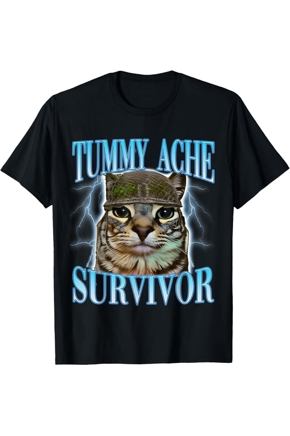 Funny Saying Cats Tummy Ache Survivor Cat Meme Humor Men T-Shirt