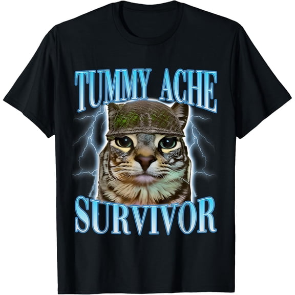 Funny Saying Cats Tummy Ache Survivor Cat Meme Humor Men T-Shirt
