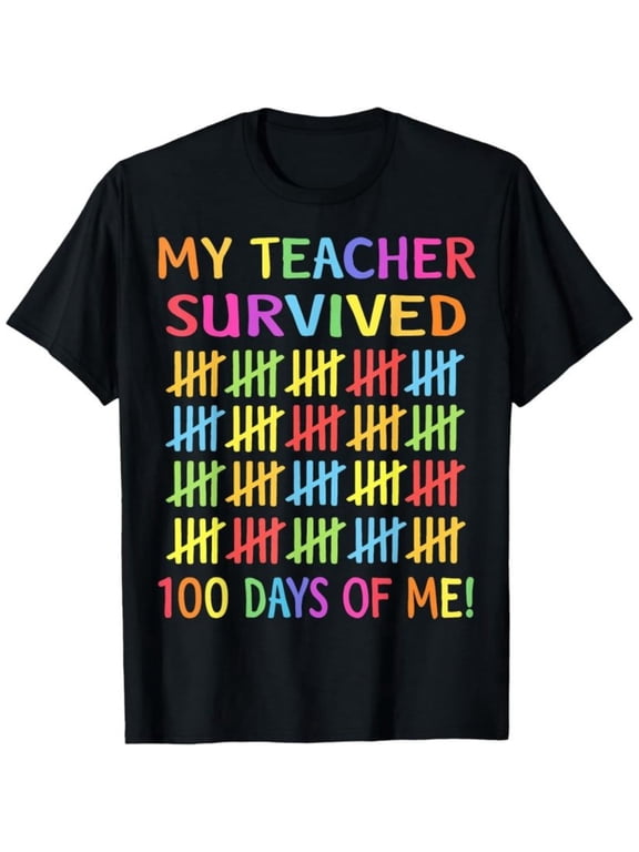 Funny School Boys Girls Kids Gift 100 Days of School T-Shirt, Back To School T-Shirt for Kids, Black, 180gsm, 100% Cotton