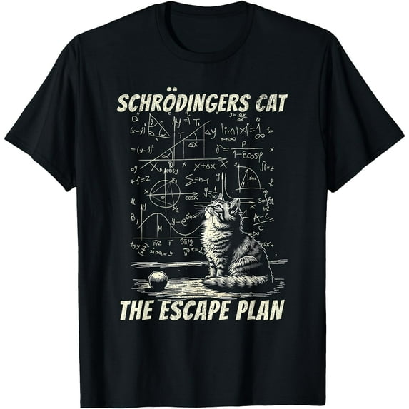 Funny Schrödinger's Cat Escape Plan Science Design Unisex T-Shirt for Men Women Kids Toddler,Black Color,Size 5XL