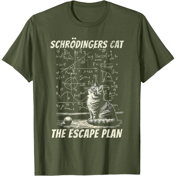 Funny Schrödinger's Cat Escape Plan Science Design Unisex T-Shirt for Men Women Kids Toddler,Military Green Color,Size 2XL