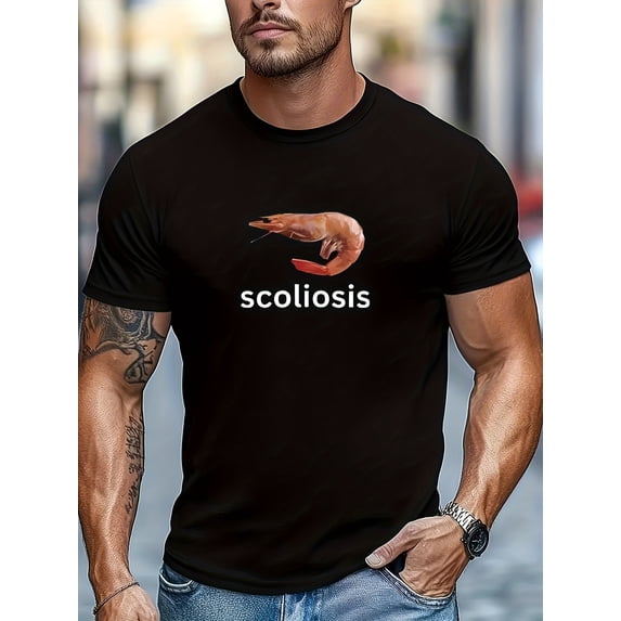 Funny Scoliosis Shrimp Graphic Tee Men's Retro Humorous Sarcastic Black Cotton Short Sleeve T-Shirt