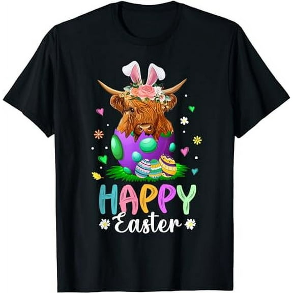 Funny Scottish Highland Cow & Easter Egg Farmers Easter Day T-Shirt