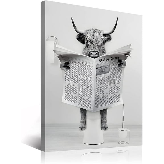 Funny Scottish Highland Cow Wall Art, Black and White Canvas, Rustic Farmhouse Style Decor Ready To Hang (8" W x 10" H)