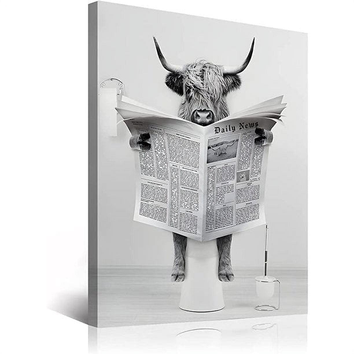 Funny Scottish Highland Cow Wall Art, Black and White Canvas, Rustic Farmhouse Style Decor Ready To Hang (9" W x 12" H)
