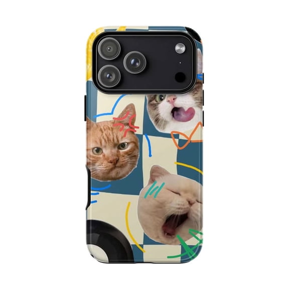 Funny Screaming Cats Checkerboard Phone Case, Aesthetic Blue Cream Chess Pattern Meow Collage Cover for iPhone 17 16 15 14 13 12 11 Plus Pro Max Mini