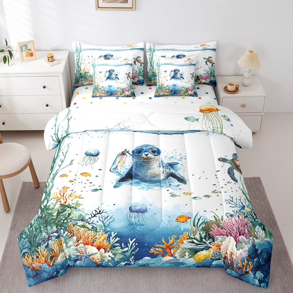 Funny Sea Lion Comforter Set 7 Piece Bed in a Bag Twin,Sea Turtle Jellyfish Coastal Bedding Set Blue Ocean Sheet Set,Cute Fish Coral Seaweed Bed Set,Kawaii Nautical Creature Tropical Beach Decor