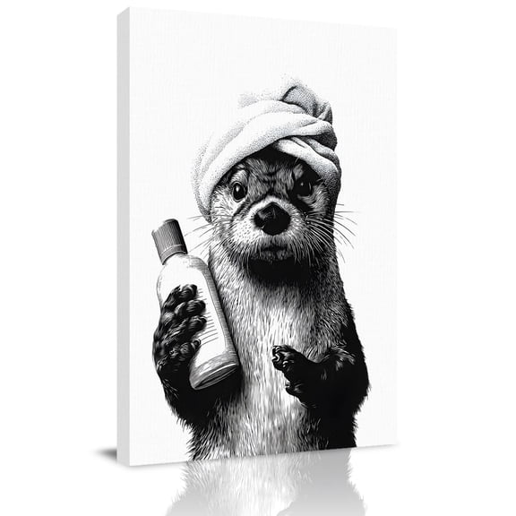 Funny Sea Otter Canvas Wall Art for Living Room, Sea Otter with Shampoo Towel Poster Print Painting for Bedroom Office Home Decoration Wall Pictures Prepare To Hang 8"x12"