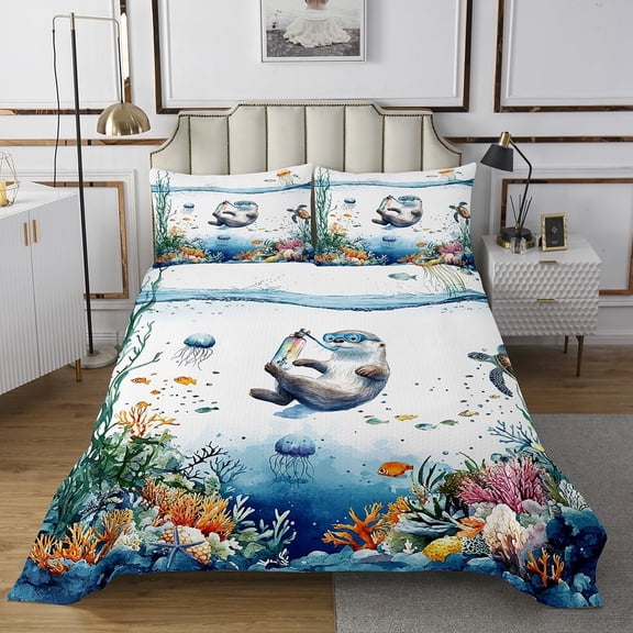 Funny Sea Otter Quilt Set Sea Turtle Jellyfish Coastal Twin Bedspread Set,Blue Ocean Coverlet&nbsp;Set Cute Fish Coral SeaQuilted,Kawaii Nautical Creature Tropical Beach Decor