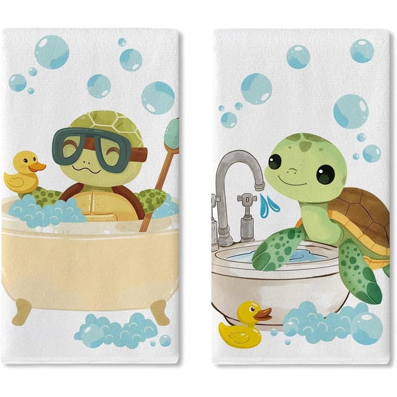 Funny Sea Turtle Bathroom Kitchen Dish Towels Set of 2, Coastal Hot Tub Toilet Drying Hand Towel Baking Cooking Cloth, Bathtub Duck Beach Washroom Restroom Home Decor Gifts 18'' x 26''