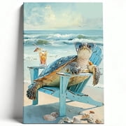 Funny Sea Turtle Relaxing on Beach Chair Canvas Wall Art Tropical Ocean Painting Whimsical Sunglasses Summer Poster Living Room Bathroom Decor Print Ready to Hang 8*12