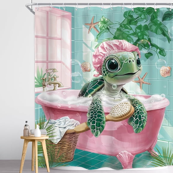 Funny Sea Turtle Shower Curtain Green Purple Bathtub Kids Cute Animal Lovely Plants Brush Shell Starfish 60Wx72H Inch Cartoon Waterproof Polyester Fabric Bathroom Bathtub