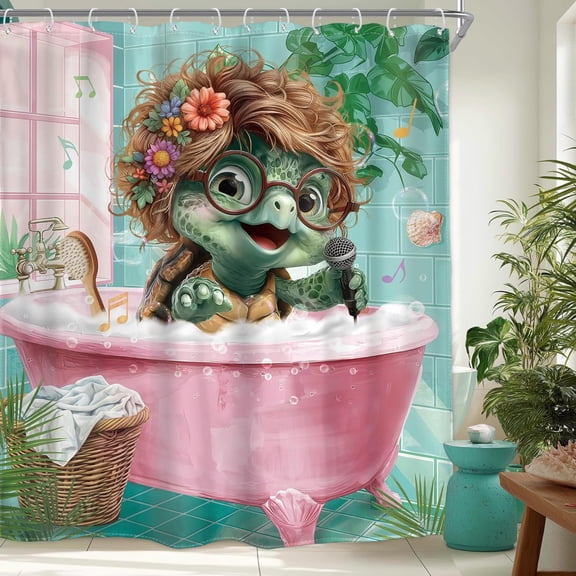 Funny Sea Turtle Shower Curtain Kids Cute Animal in Bathtub Singing Music Lovely Plants Botanical Brush Shell Bubble 60Wx72H Inch Hilarious Waterproof Polyester Fabric Bathroom Bathtub