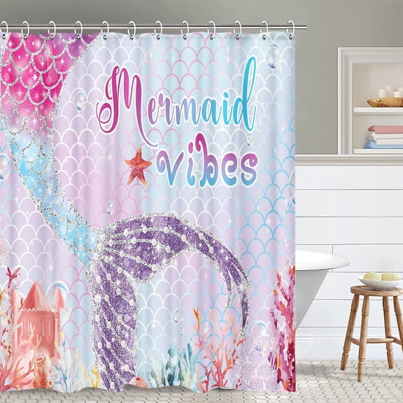 Funny Sea-maid Shower Curtain for Kids, Mermaid Tail Gradient Pink Little Girl Fabric Shower Curtain Sets with Hooks, Ocean Sea Marine Plants Waterproof Bathtub Accessories,54x72IN