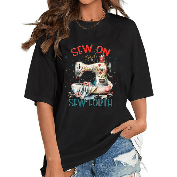 Funny Sew Forth Graphic Womens T Shirt Short Sleeve Sewing Print Tees Cotton Round Neck Tops Black,2XL