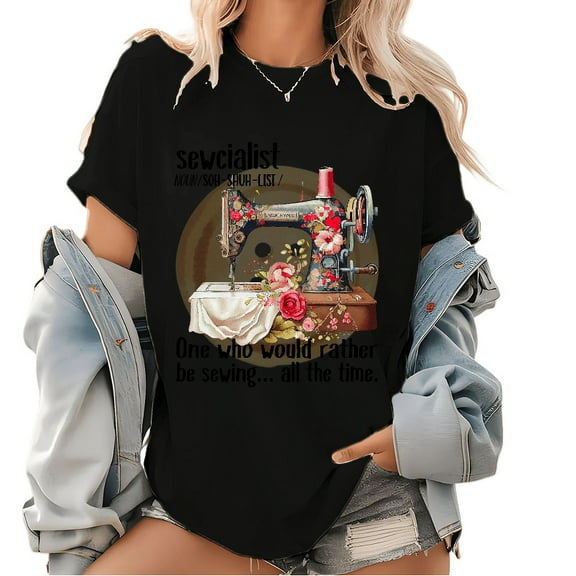 Funny Sewing Dictionary Crafter Graphic Tees Womens Short Sleeve Print T Shirts Casual Tops for Daily Outfits Black,S