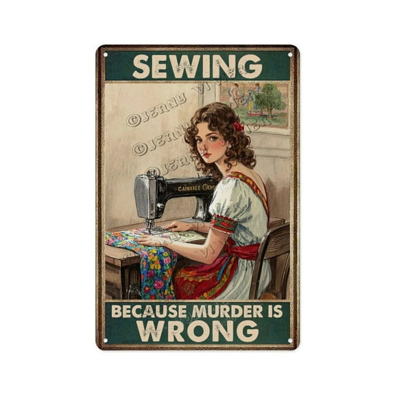 Funny Sewing Quote Tin Sign - Sewing Because Murder Is Wrong - Vintage Style Wall Art for Sewing Rooms, Craft Spaces & Quilting Studios - 8x12 Inches Aluminum Sign