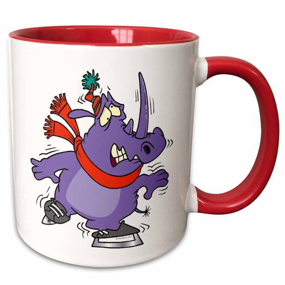 3drose, Funny Shaky Ice Skating Rhino Cartoon, 11oz Two-tone Red Mug