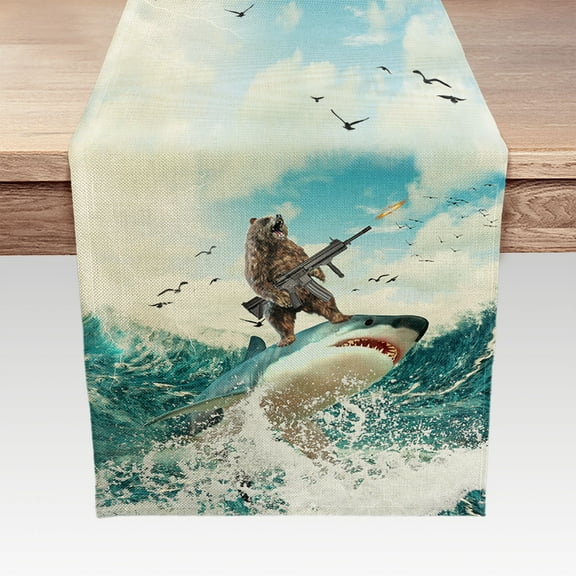 Funny Shark Bear Dining Table Runner 72 inches Long, Cool Fun Bear Riding Shark in Ocean Wave Linen Dining Table Runner for Everyday Use 13X72in