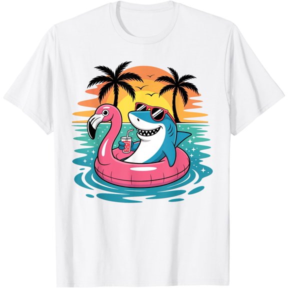 Funny Shark Hawaiian Flamingo Float Beach Summer Vacation T-Shirt, Unisex T-Shirt