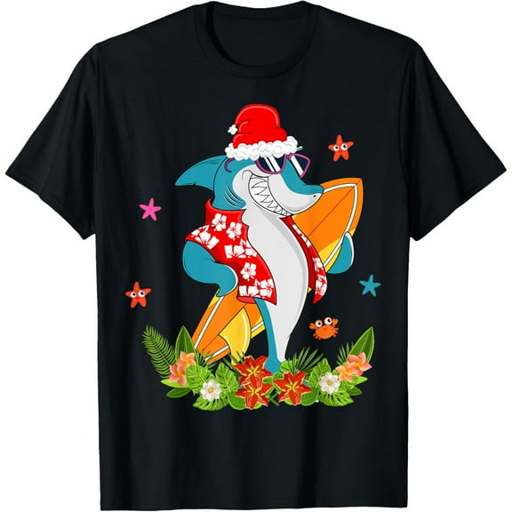 Funny Shark Hawaiian Summer Surfing Shark Christmas in July T-Shirt for Men Women Kids Tops Tee