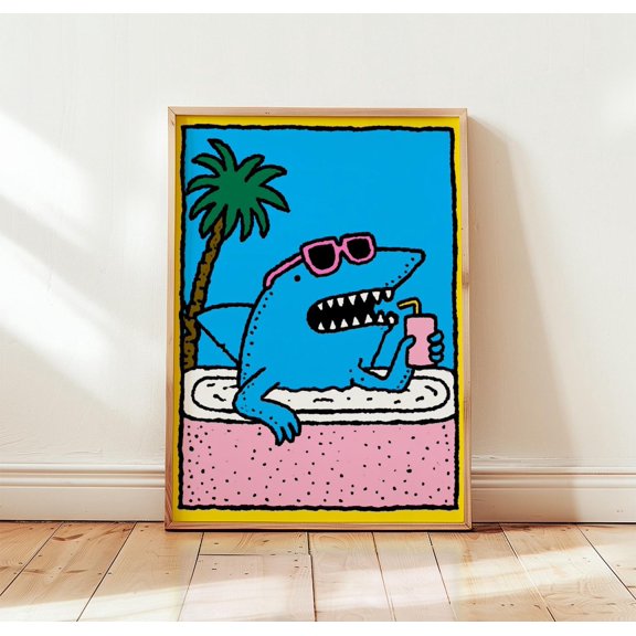 Funny Shark Poster Poolside Bathroom Art Summer Meme Print