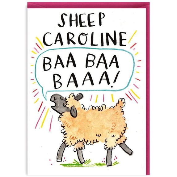 Funny Sheep Greeting Card – “Sheep Caroline Baa Baa Baaa!” Design – Cute Card for Birthdays, Friendship, or Cheerful Encouragement