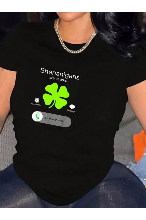 Funny Shenanigans Clover Phone Graphic Women Short Sleeve Casual T-Shirt