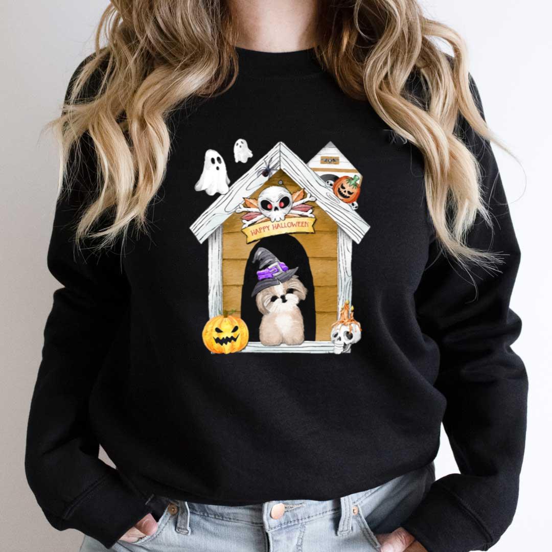 Funny Shih Tzu Halloween Graphic Tee, Creepy Witch Dog Haunted House ...