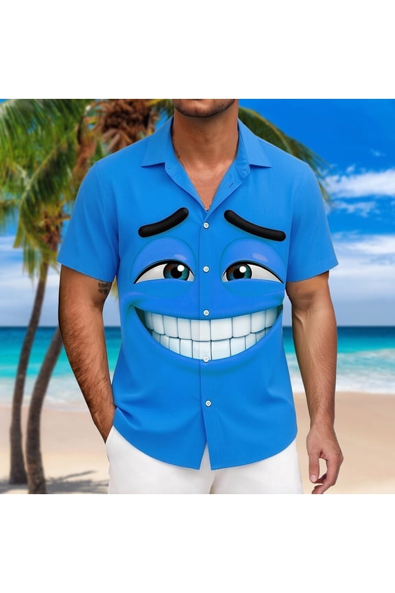 Funny Shirts for Men Short Sleeve Button Down Loose Shirt Face Print Graphic Vacation Tops Blue-Cunning Face L