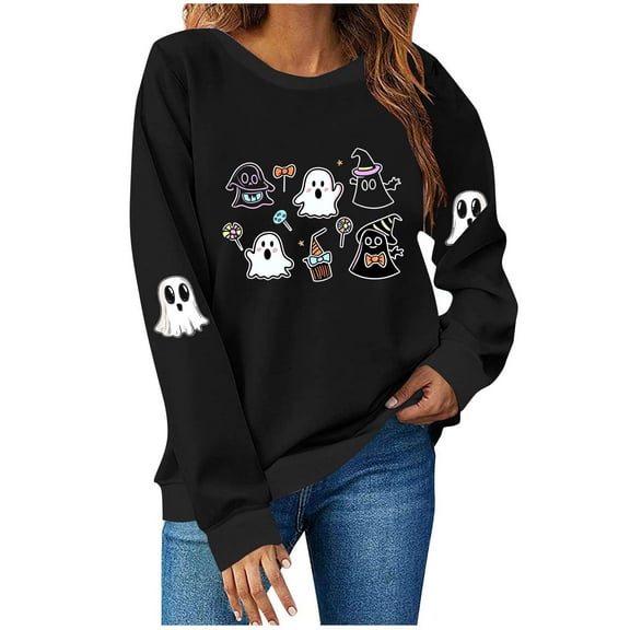 Funny Shirts for Women Halloween Ghost Crew Neck Sweatshirts Loose Fleece Lined Cute Graphic Pullover Tops Black, S
