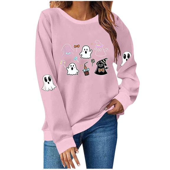 Funny Shirts for Women Halloween Ghost Crew Neck Sweatshirts Loose Fleece Lined Cute Graphic Pullover Tops Pink, L