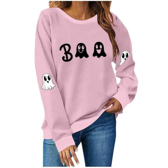 Funny Shirts for Women Halloween Ghost Crew Neck Sweatshirts Loose Fleece Lined Cute Graphic Pullover Tops Pink, XL