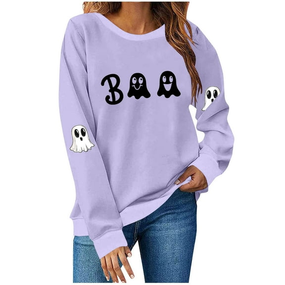 Funny Shirts for Women Halloween Ghost Crew Neck Sweatshirts Loose Fleece Lined Cute Graphic Pullover Tops Purple, 2XL