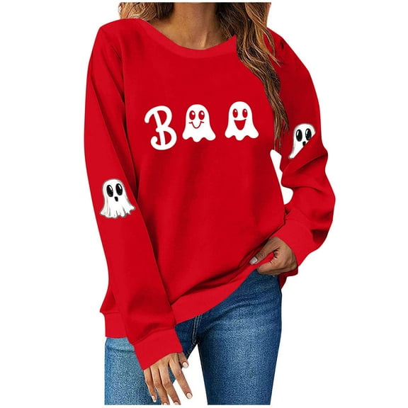 Funny Shirts for Women Halloween Ghost Crew Neck Sweatshirts Loose Fleece Lined Cute Graphic Pullover Tops Red, L