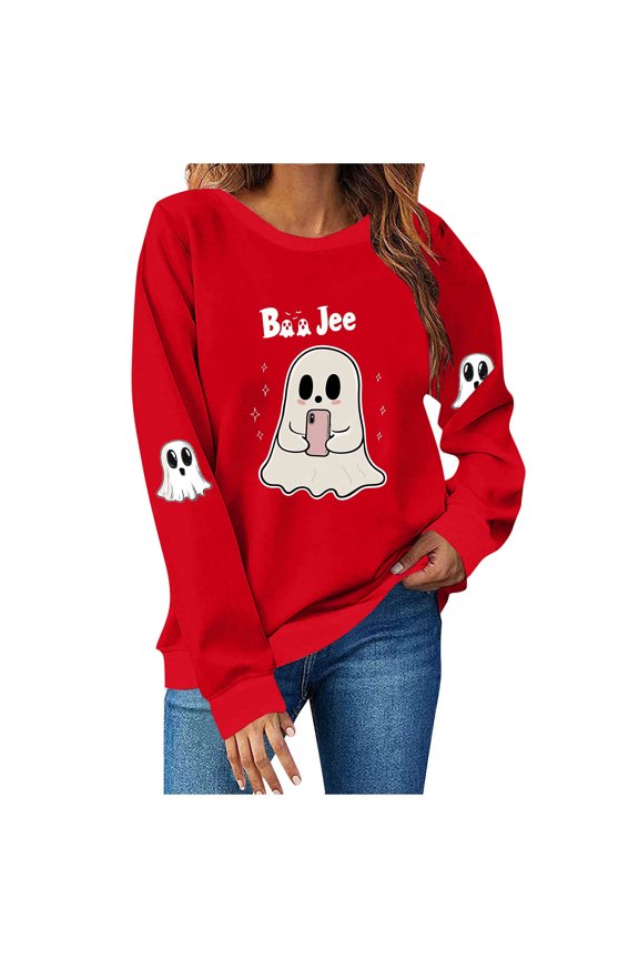 Funny Shirts for Women Halloween Ghost Crew Neck Sweatshirts Loose Fleece Lined Cute Graphic Pullover Tops Red, S
