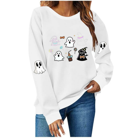 Funny Shirts for Women Halloween Ghost Crew Neck Sweatshirts Loose Fleece Lined Cute Graphic Pullover Tops White, L
